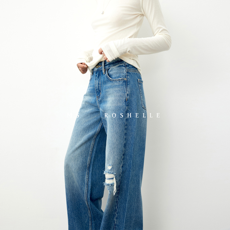 Turkish Teal Selvedge Washed Ripped Wide-Leg Jeans for Women, 2026 Spring New Straight Loose Fit