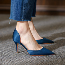 Positive Dress Commuter OL 100 Hitch ~ High Heel Shoe Woman Pointed Fine Heel Silk Satin Shallow Hollow Temperament Single Shoe Woman Sensation