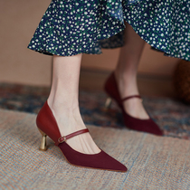 New strong push ~ temperament minus age Mary Jane shoes retro pure color pointy with single shoe finer heel high heel shoe woman