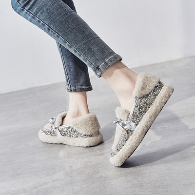 New strong push fashion rhinestone bowknot fur shoes women's winter outerwear lamb edamame shoes plus velvet cotton scoop shoes