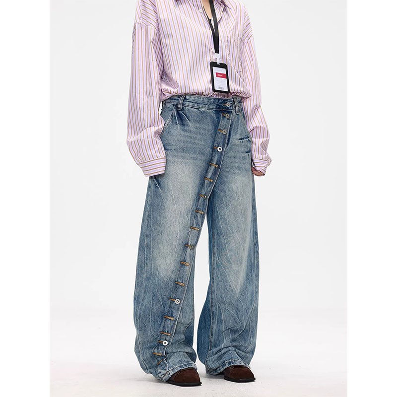 American Retro Washed Denim Jeans with Diagonal Placket Buttons for Women, Niche Design, Loose Casual Straight-Leg Pants, Trendy