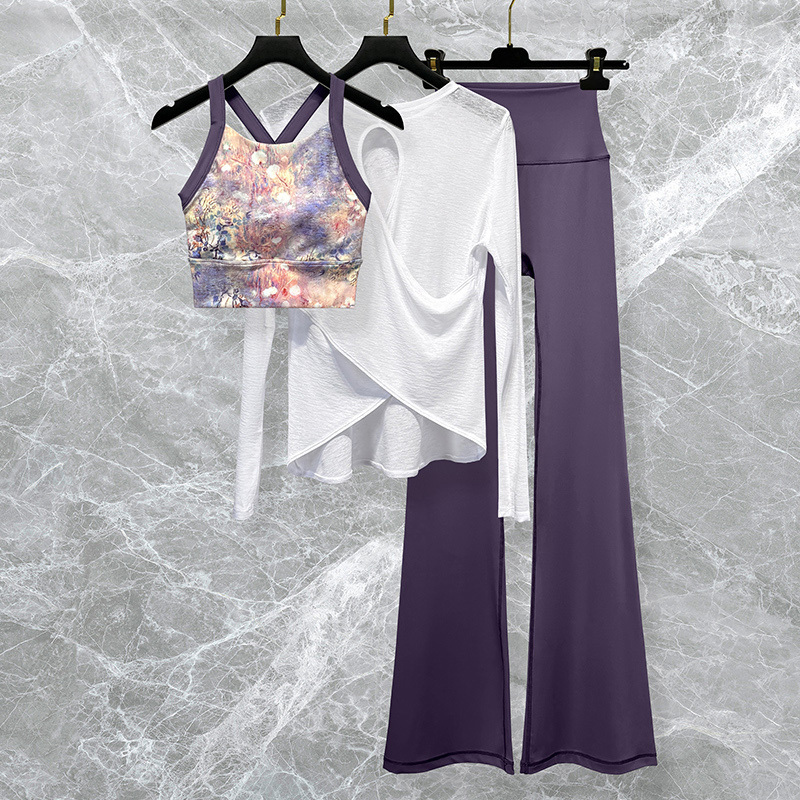 Colorful Printed Yoga Clothing Set for Women, Fashionable Autumn and Winter Pilates Quick-Drying Sports Fitness Training Vest and Bell-Bottom Pants