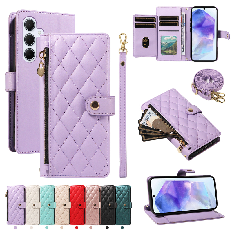 Zipper Wallet Suitable for Samsung A55 Phone Case A56 Flip Cover A54 Leather Case A53 Protective Case A35 Crossbody A17 Shell A26 Full Cover A06 Anti-Drop A57 New Model for Women A13 Lanyard A12