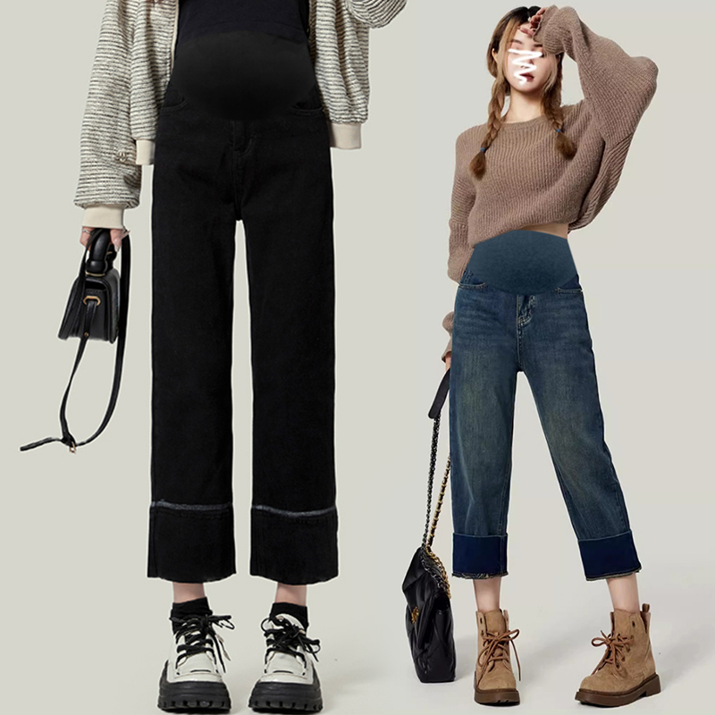 Maternity Straight-Leg Pants Korean Style Plus-Size High-Waisted Belly Support Casual Pants Spring and Autumn New Rolled Hem Versatile Cropped Pants