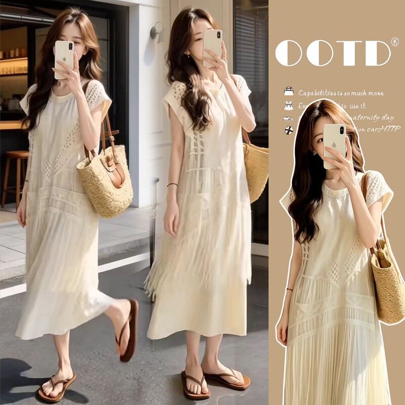 Maternity Wear Summer Tassel Fake Two-Piece Dress Casual Fashion Loose Mid-Length Over-The-Knee Outerwear