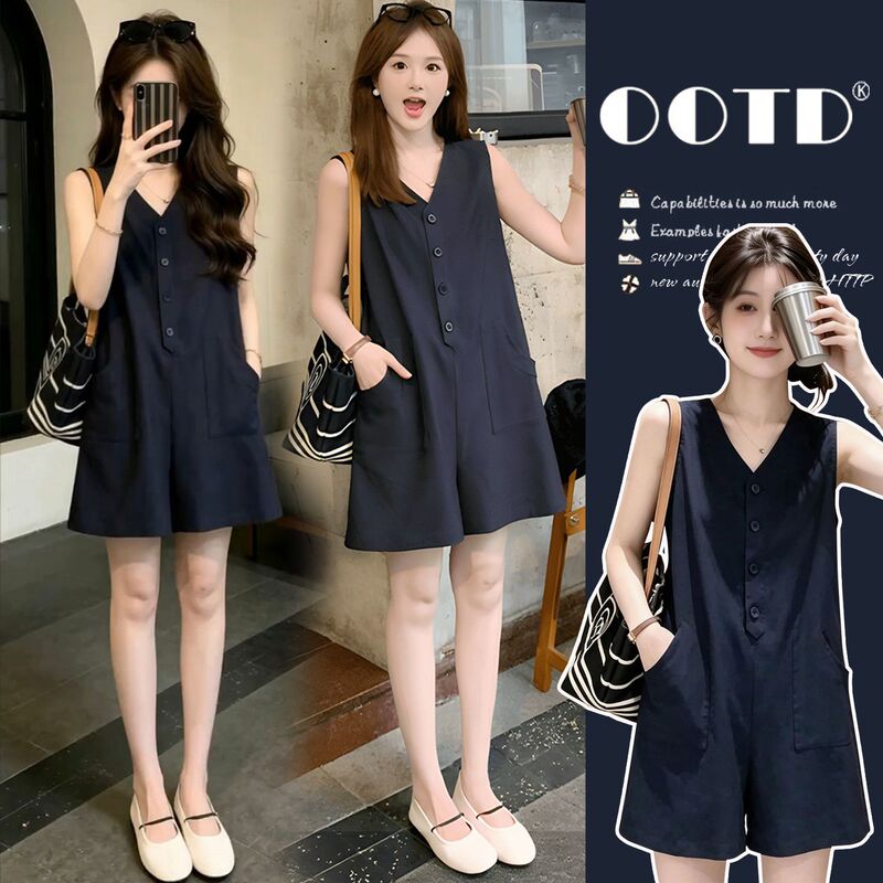 Maternity Wear French-Style High-End V-Neck Sleeveless Jumpsuit for Women, Summer Loose Fit for Petite Women, Casual Overalls for Early Pregnancy Maternity Wear French-Style High-End V-Neck Sleeveless Jumpsuit for Women, Summer Loose Fit for Petite Women, Casual Overalls for Early Pregnancy