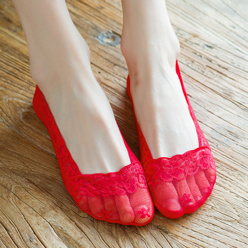 Red Socks for Women, Boat Socks, Pure Cotton, Thin Summer Style, Breathable Lace, Low-Cut Invisible Sock Covers, Short Socks for the Year of Birth and Weddings