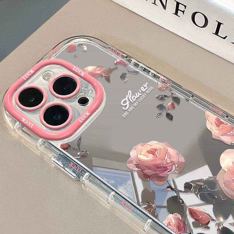 Pink Rose Flower Suitable for Huawei Mate80 Mirror Phone Case Pura90 Fresh Style Nova15 Flower Honor600 Makeup Cream Mirror Mate70 Touch-Up P50 Silicone 10/9/7 Female — تصویر 1