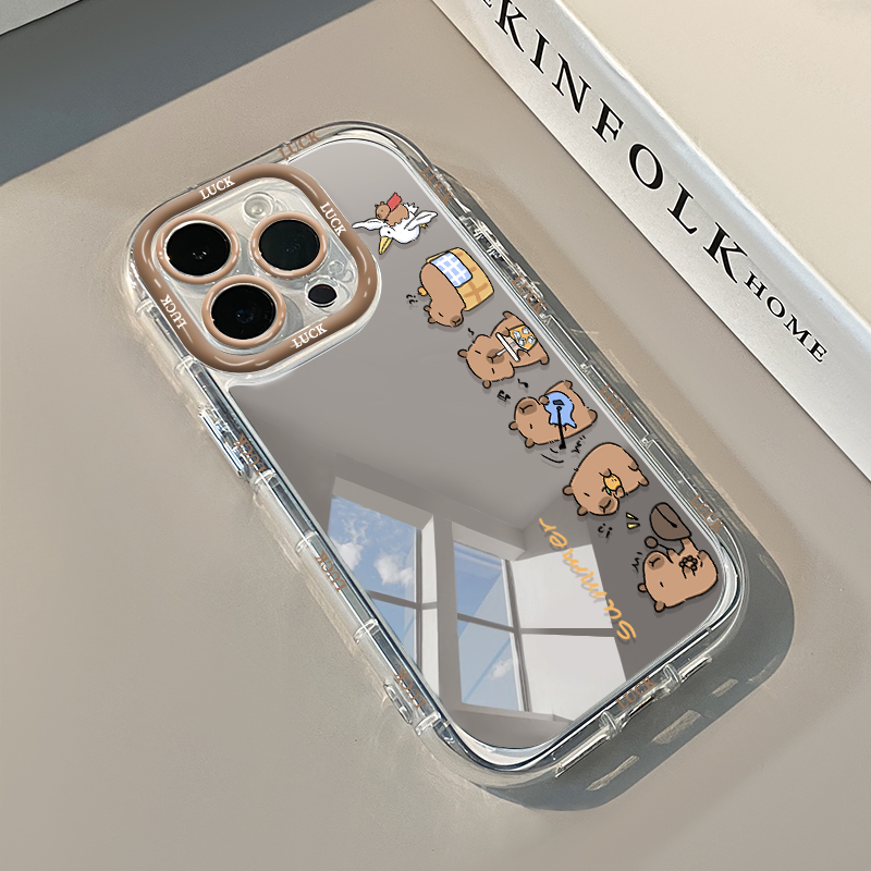 Nileuo Mirror Phone Case for iPhone 17, Capybara Cartoon Phone Case for Apple 16 Pro Max, Cute Water Capybara for 15, Cute Cream Mirror for 14/13, Makeup Touch-Up for 12 Pro, Silicone for 11, XS Max/Xr for Women