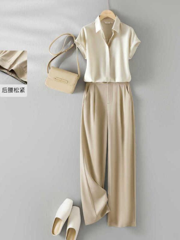 High-End Department Store Withdraws Original Order for a Simple and Stylish Women's Summer Set with a Satin Shirt and Casual Pants Two-Piece Set