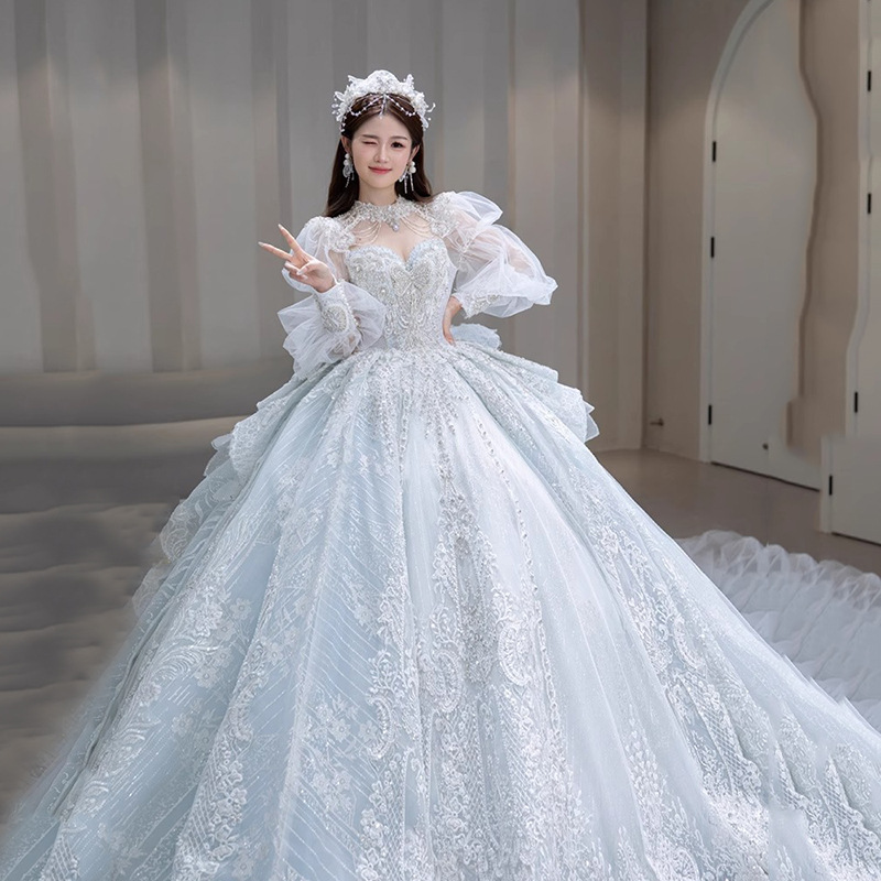 Long -sleeved wedding dress 2024 new bride big drag tail small man -style grade court wind blue blue blue season Long -sleeved wedding dress 2024 new bride big drag tail small man -style grade court wind blue blue blue season