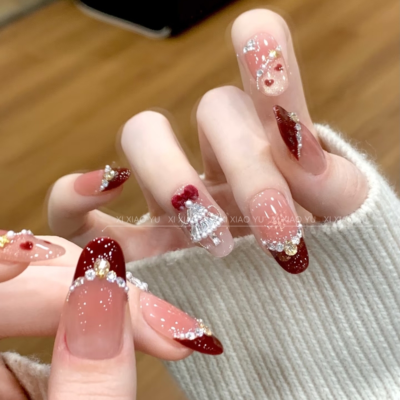 [Christmas Adventure] Wine Red French Velvet Bow Fairy-Like Atmosphere Sweet and Brightening Handmade Wearable Nails