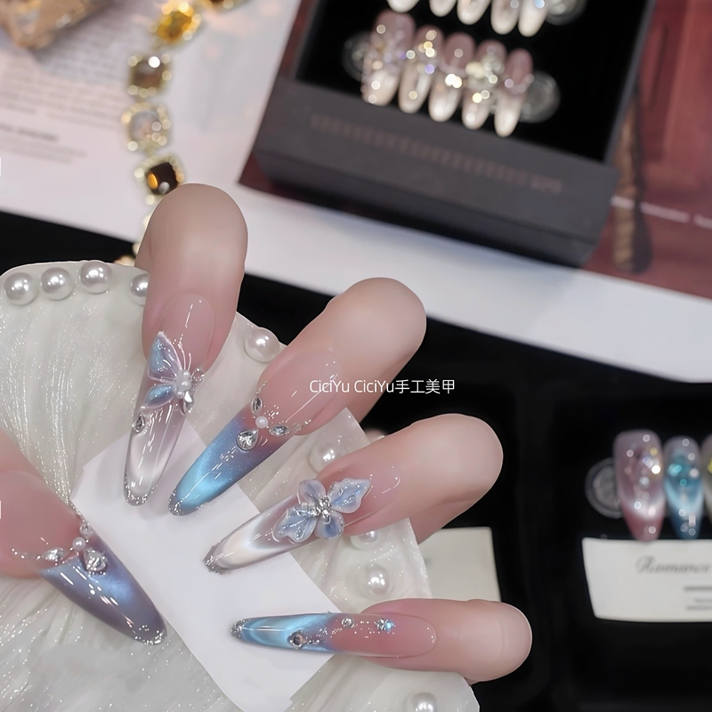 【Rosemary】Sapphire Pure Desire Butterfly Cat Eye Nude Gradient Carved Hand-Painted Whitening Pure Handmade Wearable Nails