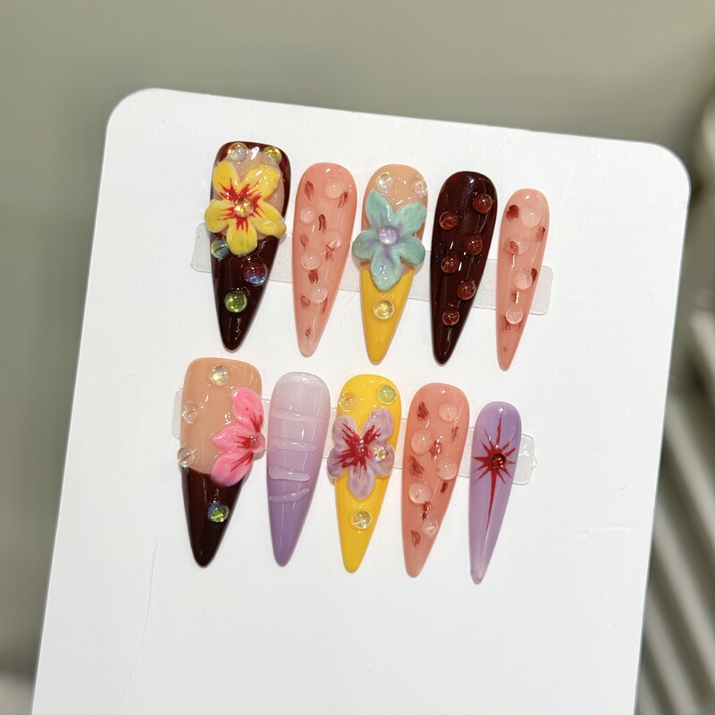 European and American Super Popular Hawaiian Dopamine Handmade Three-Dimensional Devil Flower Press-On Nails Nail Stickers Hot Girl Nail Art