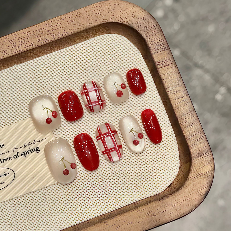 Cherry Red New Year's New Handmade Wearable Nails, French Cat-Eye Sparkling High-End Nail Art Patches, Short Style Cherry Red New Year's New Handmade Wearable Nails, French Cat-Eye Sparkling High-End Nail Art Patches, Short Style