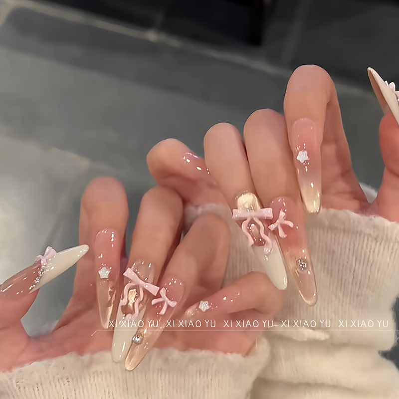 [Sweet Dream Alice] Bowknot Gradient Cat Eye Girly Dreamy Whitening Medium-Length Handmade Wearable Nails