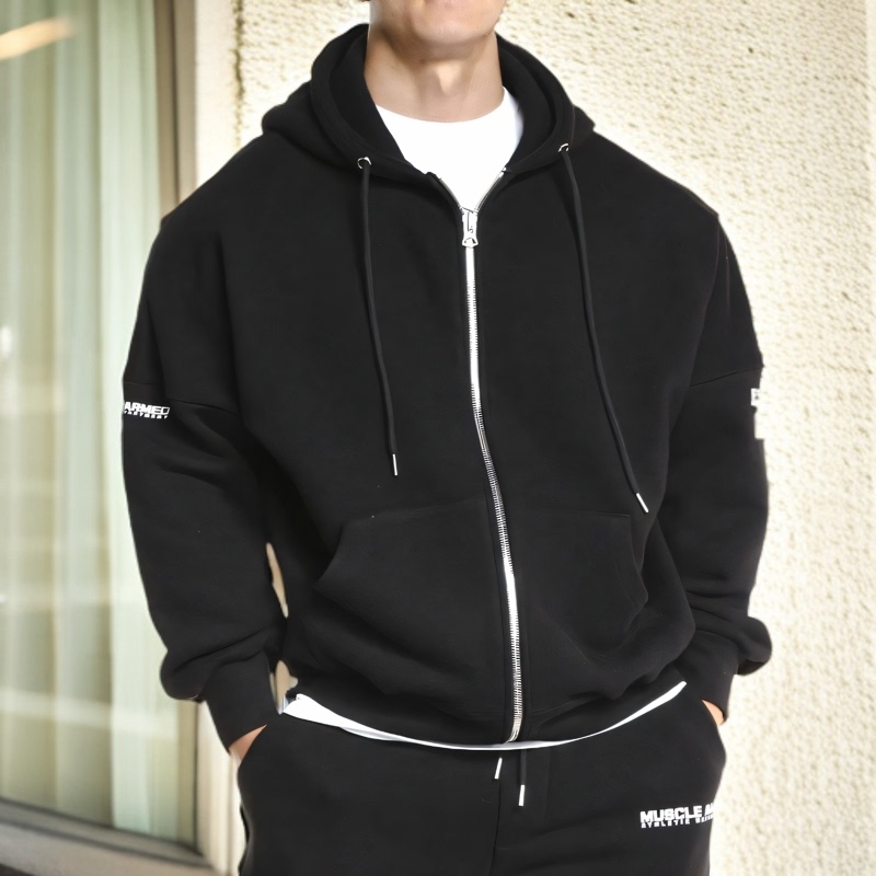 Muscle Fitness Sports Sweatshirt Casual Running Training Wear Korean Style Loose Zipper Shirt Hooded Jacket Long Sleeve