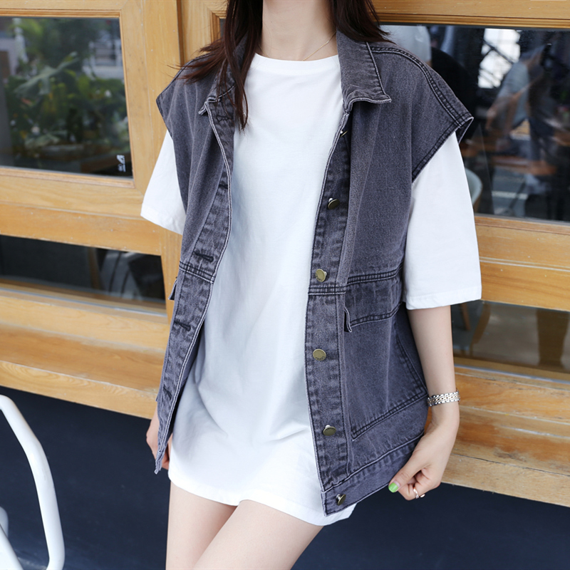 Zhuang Fan denim áo giáp cô gái mùa hè thủy triều bên ngoài mặc loose-fitting phiên bản Hàn Quốc của vai tay áo bảo hộ lao ngựa kẹp áo khoác