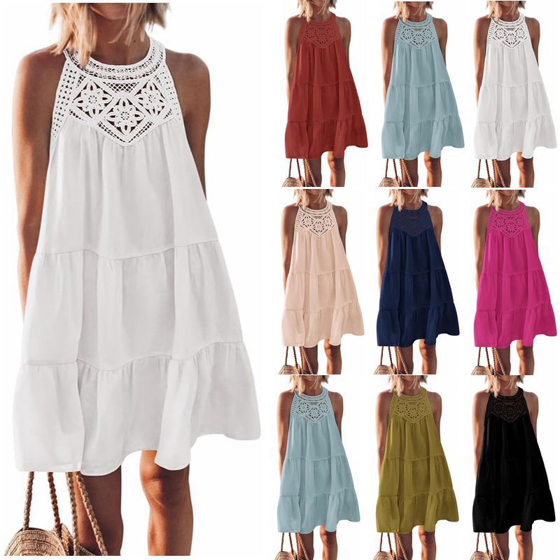 Summer Women's Hollowed Out Lace Halter Neck Dress Halter Neck Short Dress