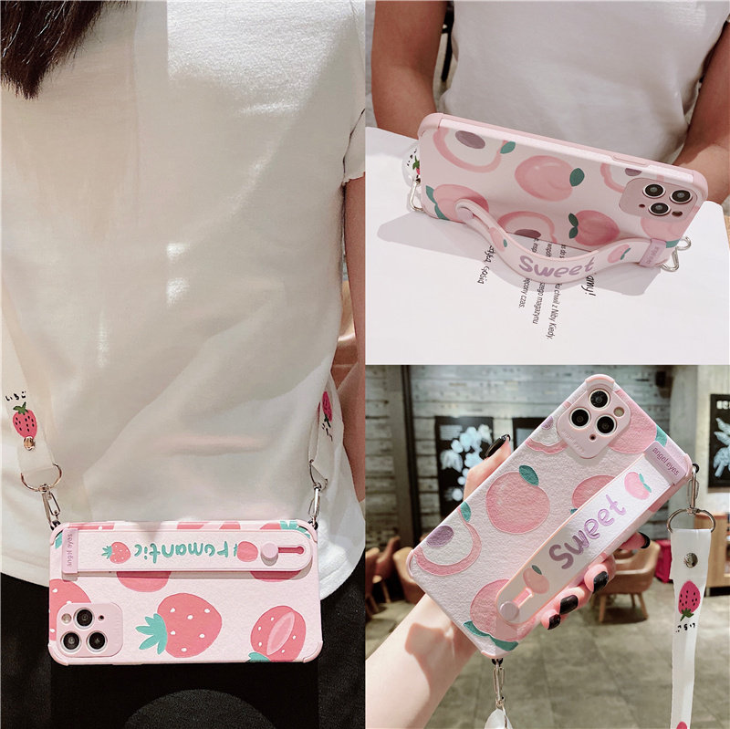 Small fresh strawberry suitable for iphone11 mobile phone protective case messenger lanyard apple 12 silicone sleeve 13promax soft shell x xs xr all-inclusive anti-fall thirteen s backpack female creator