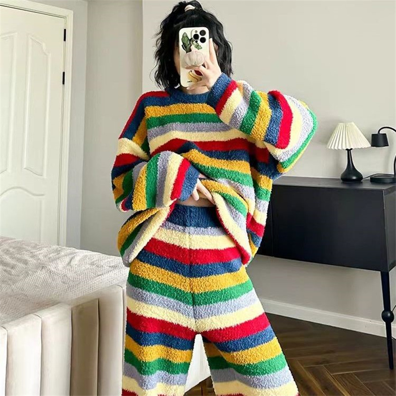 Soft and Fluffy Pajamas for Women, Sweet Winter Rainbow Striped Autumn and Winter Warm Coral Fleece Internet Celebrity Style Loungewear Set