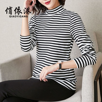 Large size semi-turtleneck base shirt womens autumn and winter with middle-aged mother long-sleeved striped t-shirt Foreign style thin top tide