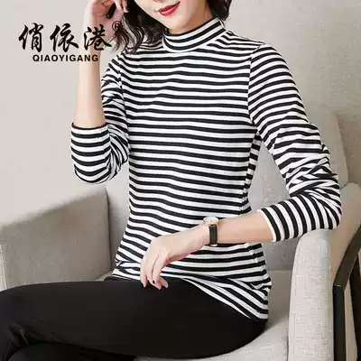 Large size semi-turtleneck bottoming shirt women's autumn and winter with middle-aged mother long-sleeved striped T-shirt Western style thin top trend