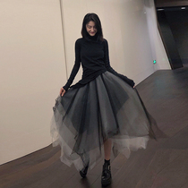 Fall 2022 New Design Sensation Retro High Waist A Character Irregular Mesh Veil Half Body Dress Woman Mid-Length Dresses