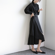 Autumn retro ancient black a large swing irregular half-body dress woman with a slim fit and high waist