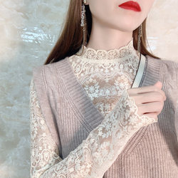 High-end lace bottoming shirt women's spring and autumn 2023 new hollow mesh top white foreign style sweater with small shirt