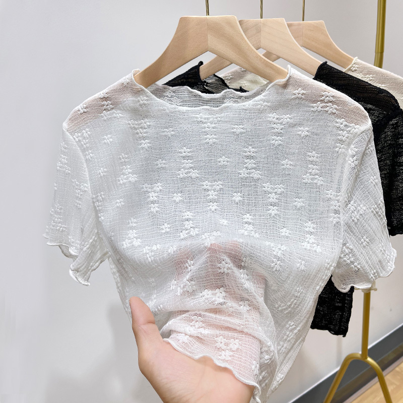 Short White Mesh Undershirt for Women in Summer, Paired with a Camisole Dress, Worn as an Inner Layer with a T-Shirt, Short-Sleeved Lace Top for Women