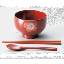 Self-operated｜Japanese-made Echizen lacquerware plum blossom pattern childrens soup bowl chopsticks spoon tableware set red