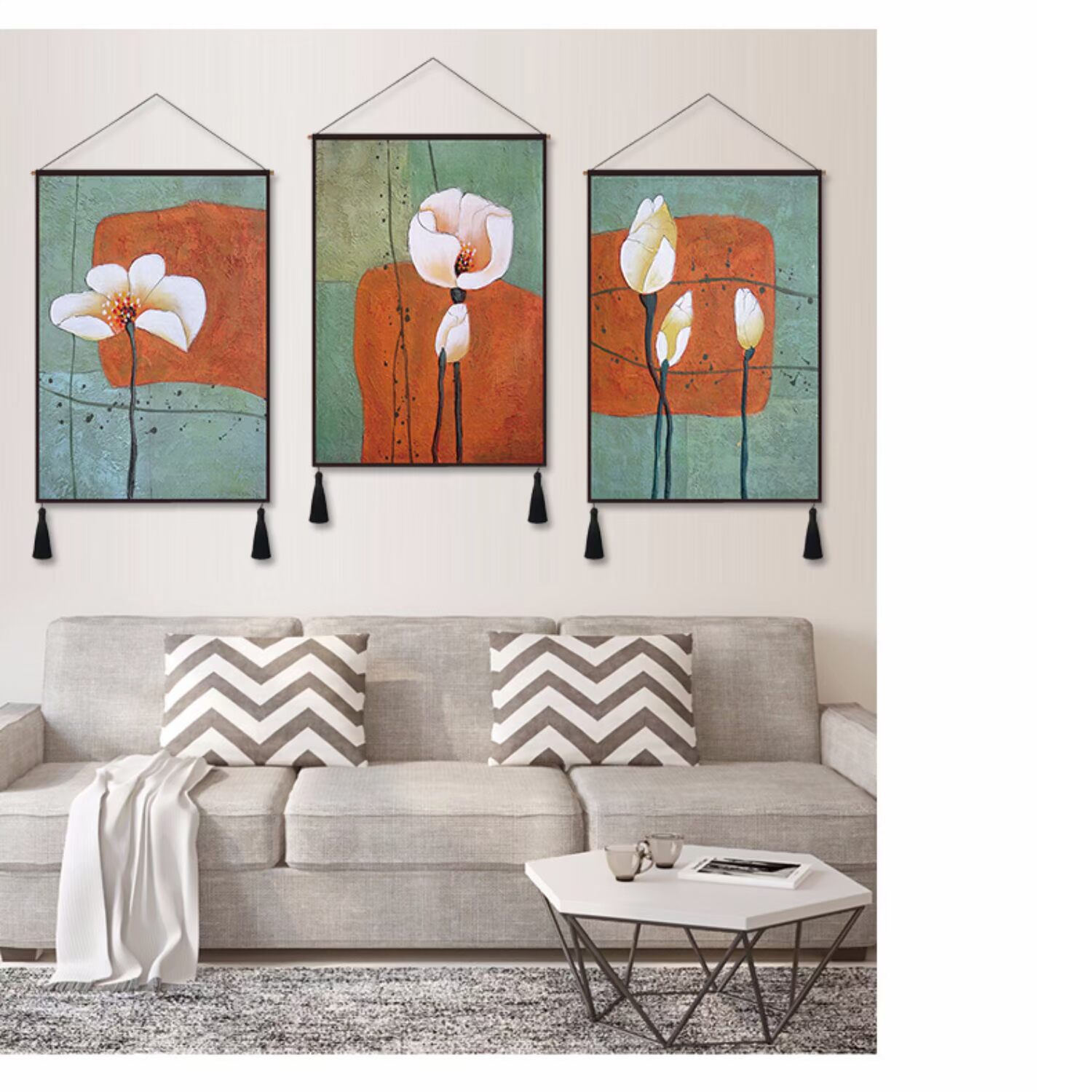 Lotus ba bức tranh tường Bắc Mỹ Mỹ i nhà hàng hiện đại tối giản nghiên cứu bức tranh tường bức tranh tường phòng khách trang trí bức tranh tấm thảm - Tapestry thảm treo tường decor	
