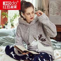 Red Bean Home Coral Suede Pyjamas Woman Long Sleeve Hymns Thickened Warm Can External Wear Flannel Home Suit Winter