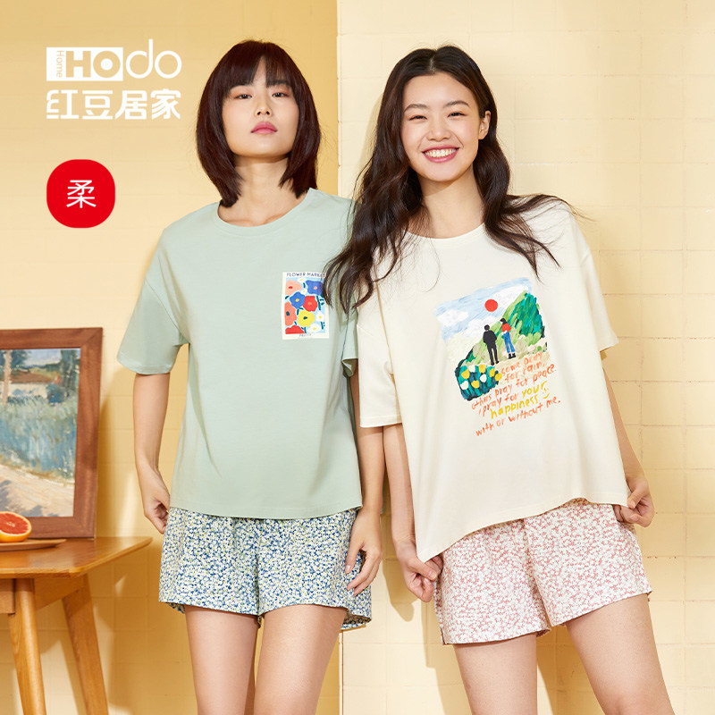 Red bean home spring summer cotton ladies pajamas short sleeve illustration print loose casual literary homewear set thin