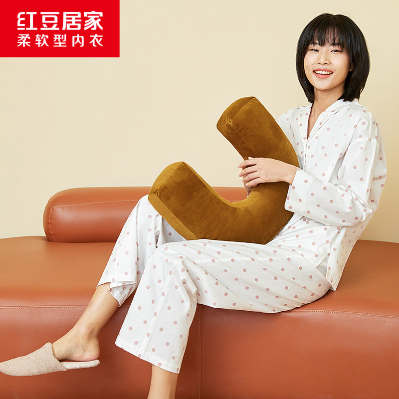 Pure Cotton Pyjamas Lady Long Sleeve Wave Dot Printed Suit Red Bean Total Cotton Large Size Casual Home Dress Lady Spring Summer Thin