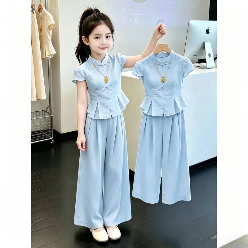 Girls' Outfit Set, Chinese Style, Summer 2026 New Model, Traditional Chinese Style with Buttoned Wide-Leg Pants, Children's Hanfu Qipao Two-Piece Trendy Set Girls' Outfit Set, Chinese Style, Summer 2026 New Model, Traditional Chinese Style with Buttoned Wide-Leg Pants, Children's Hanfu Qipao Two-Piece Trendy Set