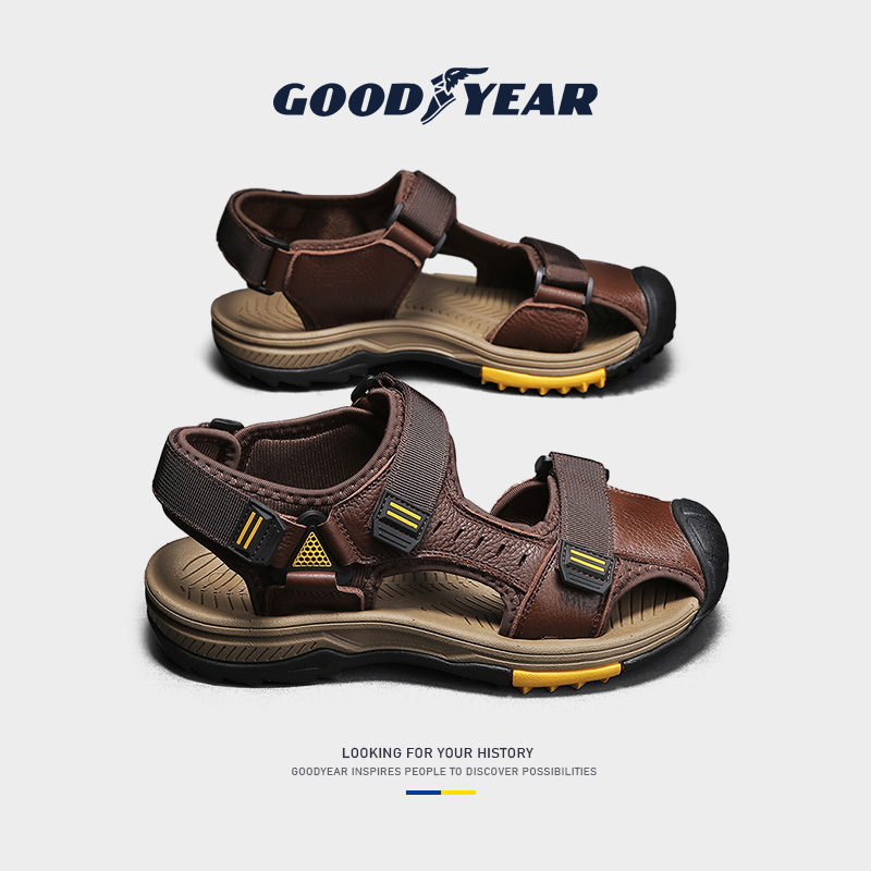 Goodyear Genuine Leather Sandals Summer New Outdoor Non-slip Casual Beach Shoes Men Trends Dual-use Sandals Men