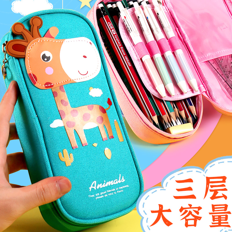 Pen Bag Woman Cartoon Cute Large Capacity Pencil Case Kindergarten Brief Pencil Bag Pen Box Multifunction Ins Tide Adolescent Girl Hearts Canvas Double-deck Elementary School Students Children Boy Creative Nemesis Red