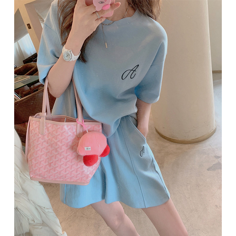 Small subnets Red fried Street Aging Tide Card Casual Fashion Sports Short Sleeve Sweatshirt Shorts Two-piece Suit Women Summer