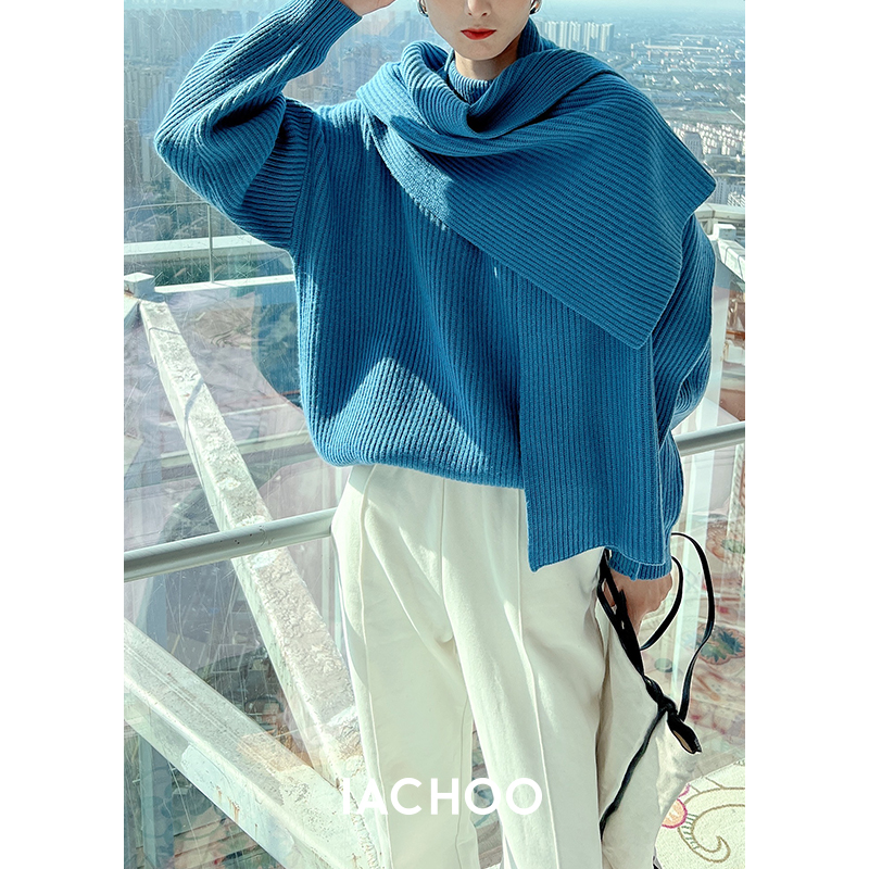 IACHOO 2022 winter half-height fish scale needle thick merino wool sweater women's scarf chic retro style