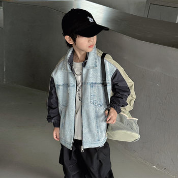 Boys' Denim Jacket Spring 2026 New Style Cool Kids' Spring and Autumn Jacket Boys' Top Tangram Outfit