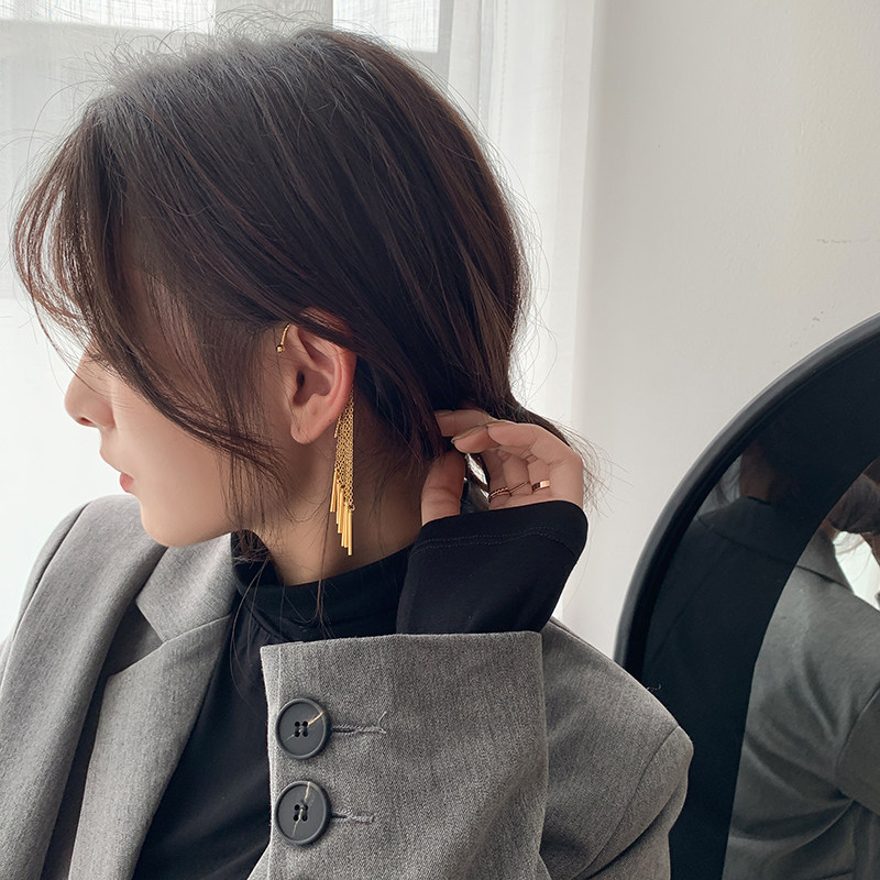 Tassel high-end ear-hook earrings without ear holes ins simple temperament European and American exaggerated super fairy earrings female ear clips