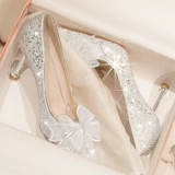 Серебряные свадебные туфли на высоком каблуке, обувь со стразами для невесты с бантиком
