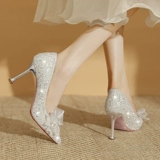 Серебряные свадебные туфли на высоком каблуке, обувь со стразами для невесты с бантиком