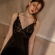 Clear summer thin ice silk sling nightgown women 2021 new large size lace hollow atmosphere sexy pajamas