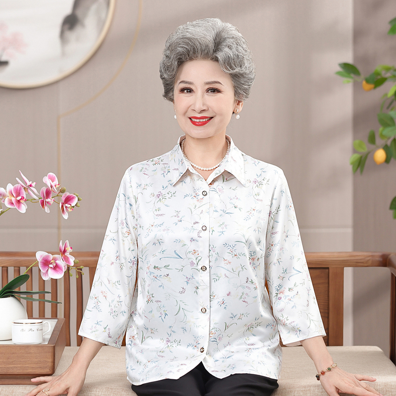 Mother's Style Spring and Summer Mulberry Silk Shirt, Middle-Aged Women's Silk Mid-Length Sleeve Shirt, Middle-Aged and Elderly Three-Quarter Sleeve Suit