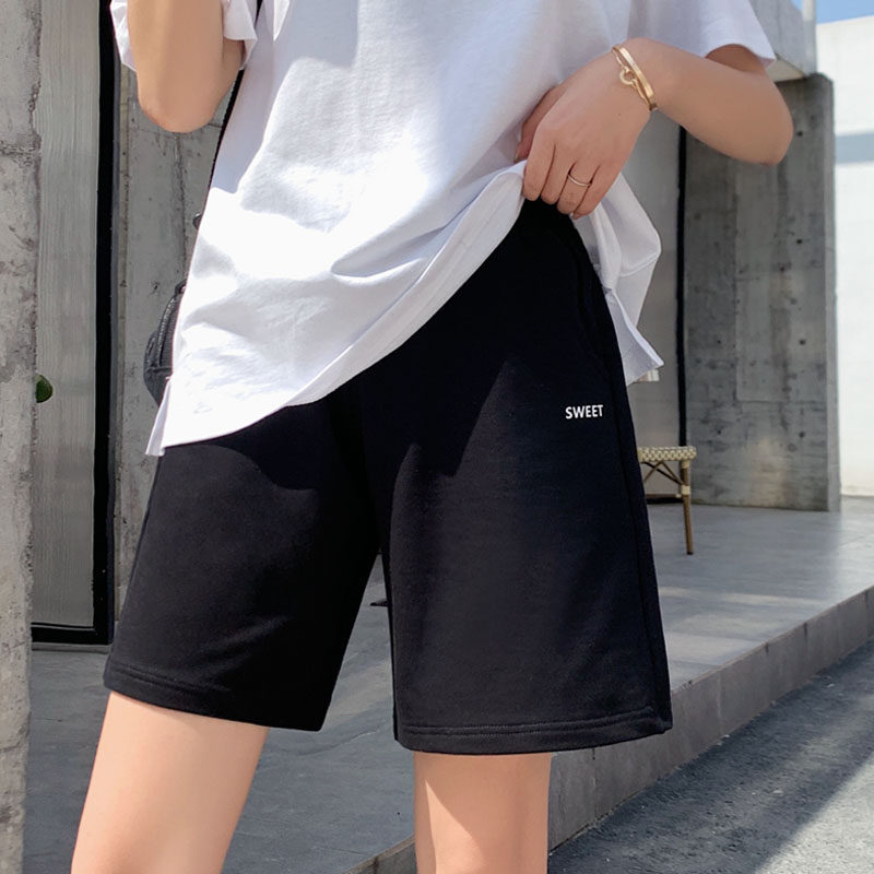 Five-point sports pants bf female summer loose wide-legged casual cotton thin section elastic waist black shorts ins tide