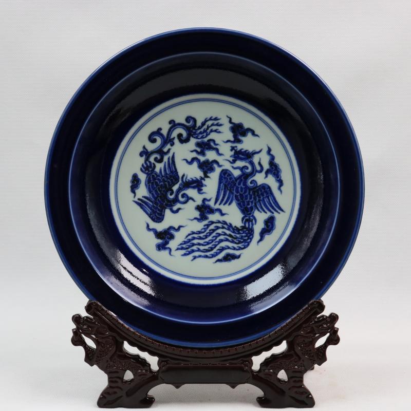 Jingdezhen generic indigo reward of zheng he 's offering gong Ming yongle years offering a flower plate antique reproduction antique furnishing articles