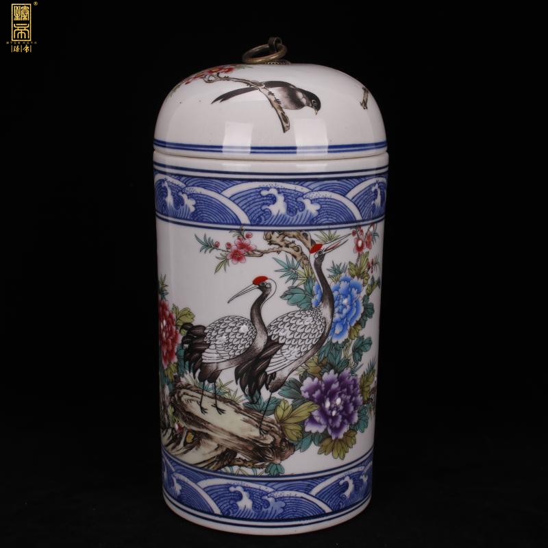 Jingdezhen imitation yongzheng bucket color rich and peaceful cranes lines cover pot of ark of desk of Chinese style household imitation antique decorative furnishing articles